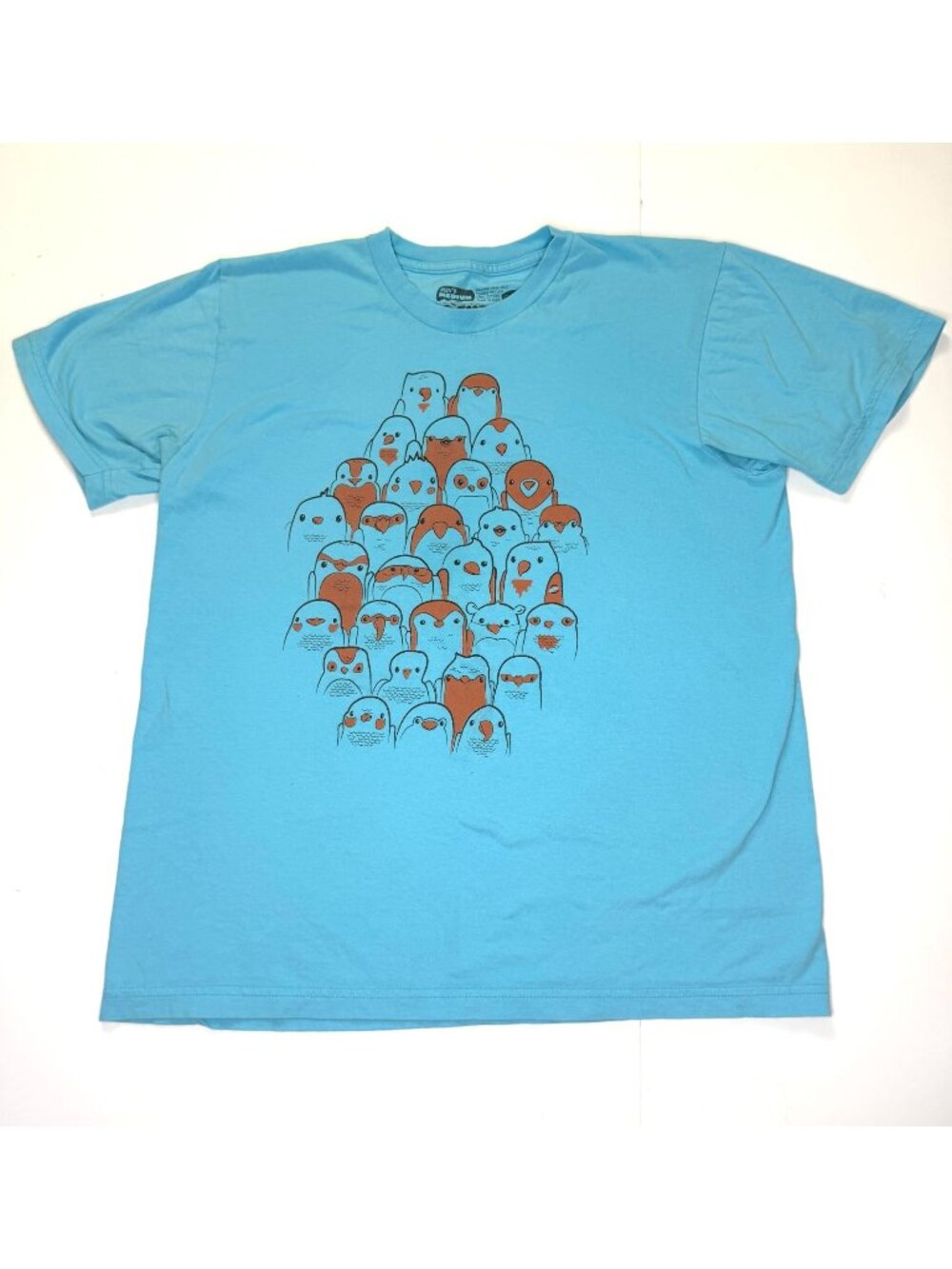 Men's Fuzzy Ink Imposter Bird T Shirt Med Blue Orange 100% Cotton Made USA